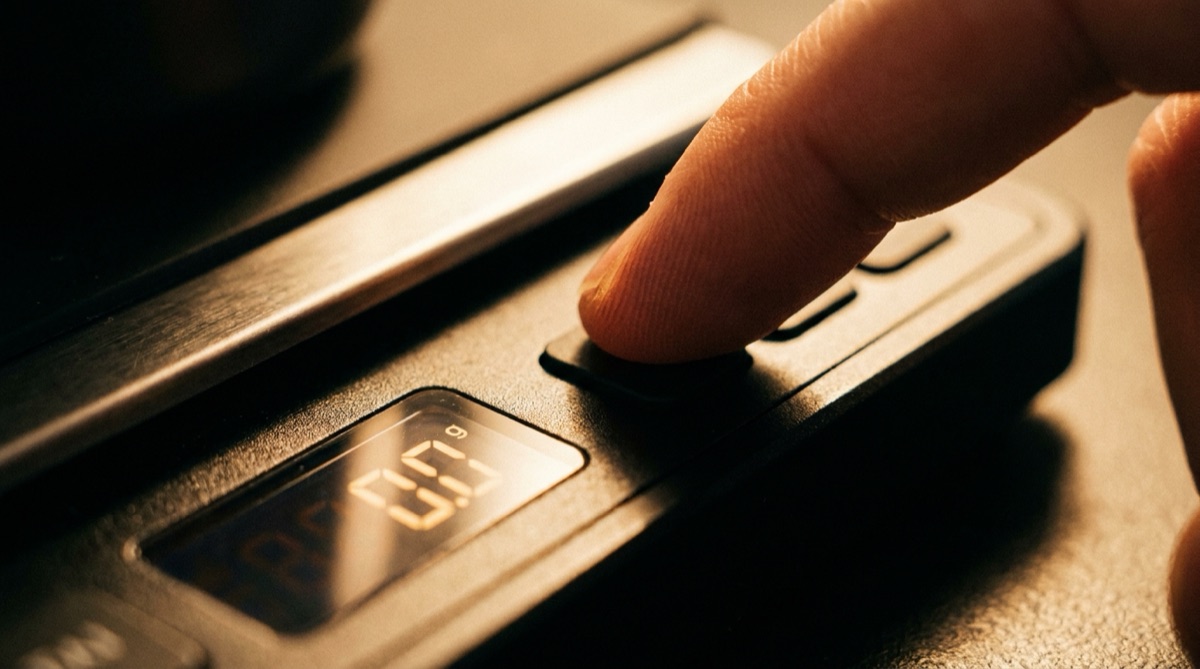 A fingertip pressing the tare button on a matte-black digital coffee scale.