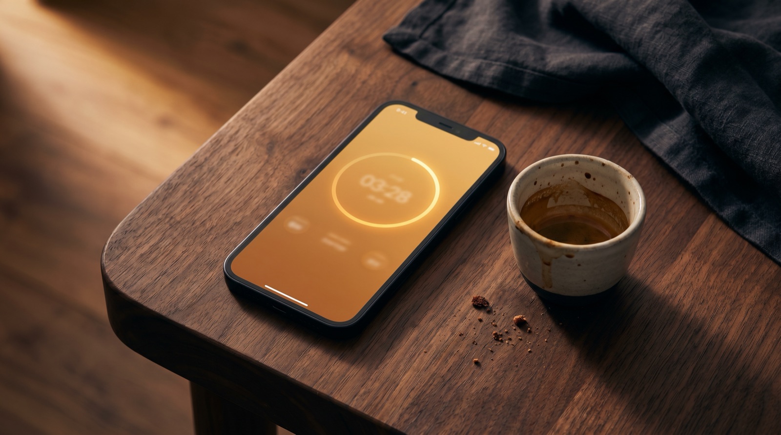 iPhone on a dark walnut table next to an empty espresso cup, screen showing a minimalist timer app interface.