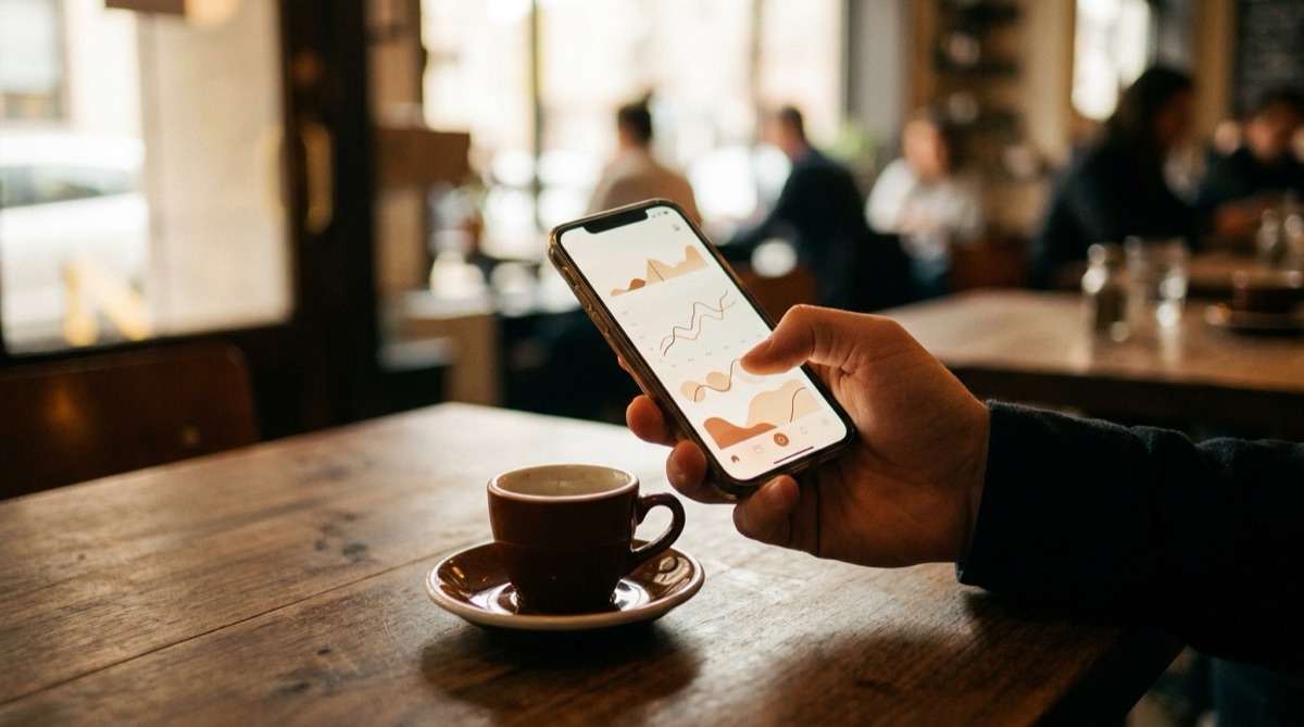 A hand holding an iPhone with a coffee logging app over an espresso cup on a wooden table.