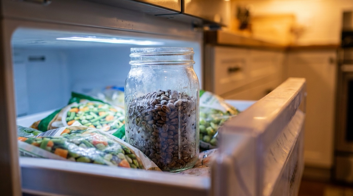 A glass mason jar of coffee beans inside a half-open freezer drawer.