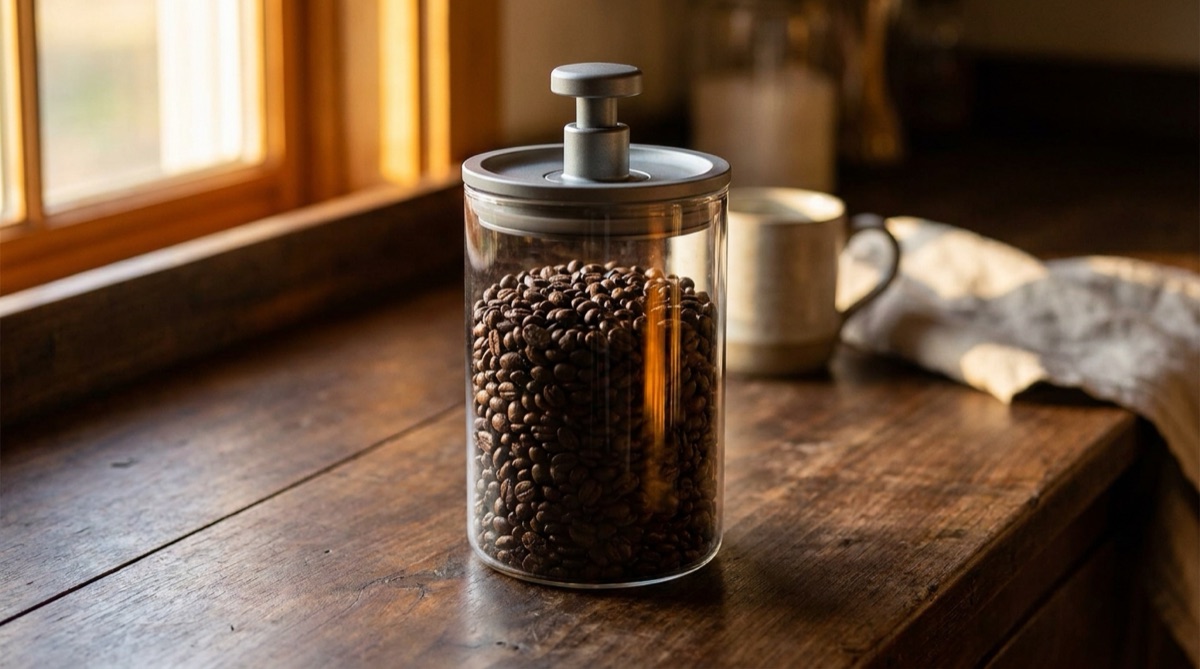 A glass vacuum-sealed storage canister filled with dark coffee beans.