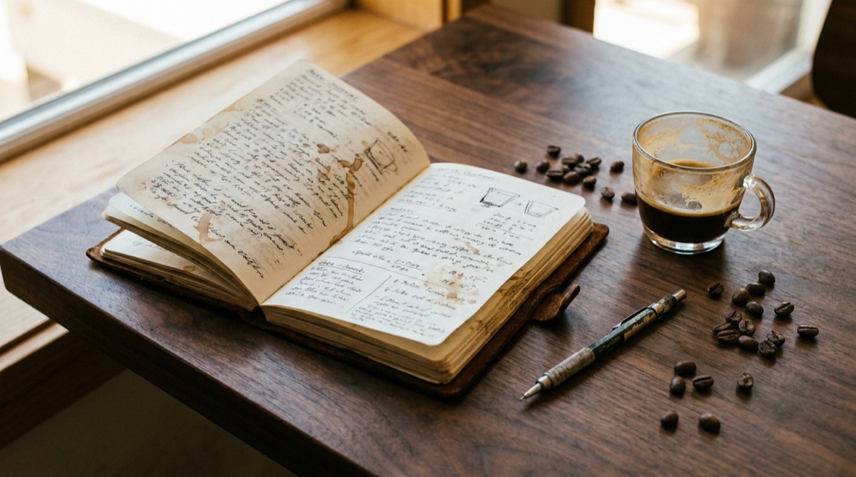 An open brew journal with handwritten tasting notes, beside an empty espresso cup and a few beans.