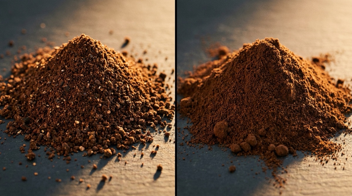 Side-by-side comparison of coarse and fine espresso grounds on a dark surface.