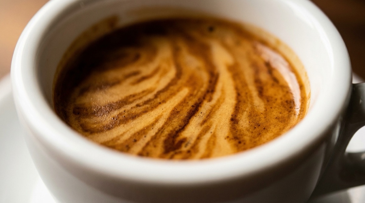 Top-down macro of an espresso cup showing a perfect tiger-stripe crema pattern.