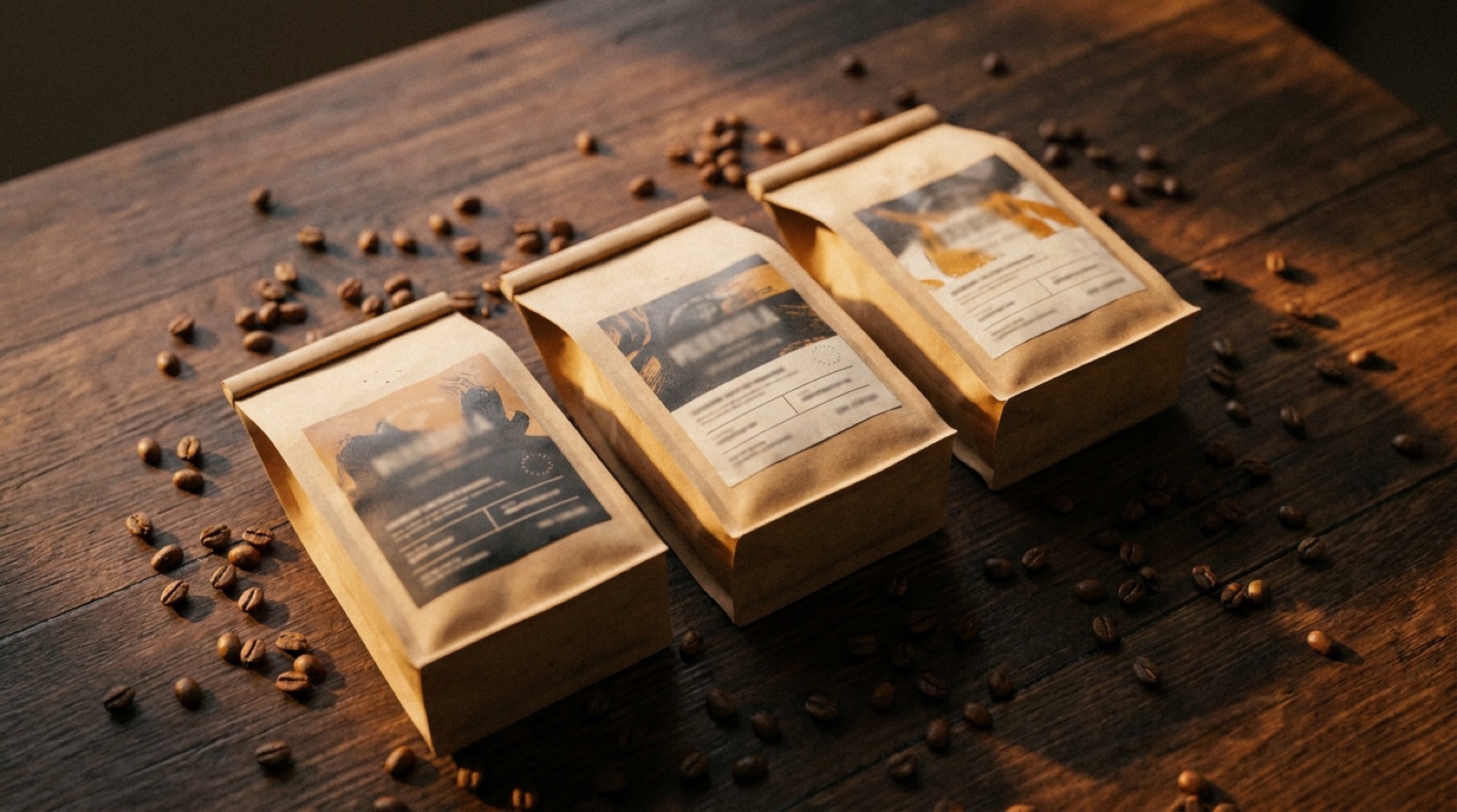 Three kraft-paper specialty coffee bags with printed labels, arranged on dark walnut wood with scattered roasted coffee beans. Warm golden-hour lighting.