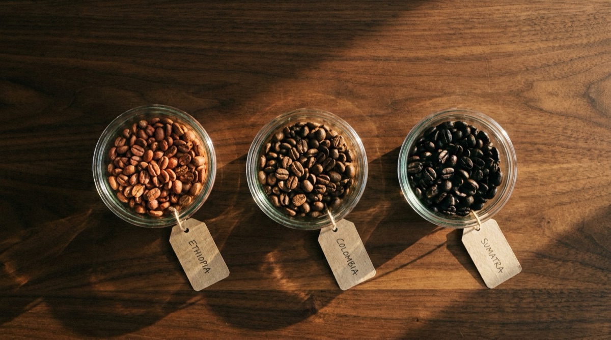 Three small bowls of whole coffee beans showing different roast levels side-by-side.