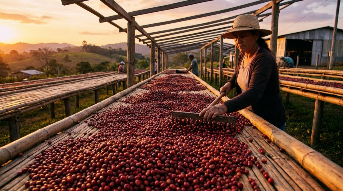 Ripe red coffee cherries drying on raised bamboo beds at a specialty coffee farm at sunset.