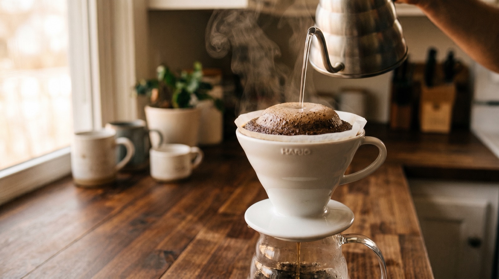 A Hario V60 cone dripper on a glass carafe, water pouring from a gooseneck kettle in a spiral, gentle steam rising.