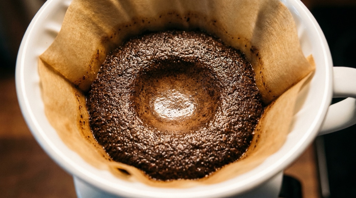 Top-down view into a Hario V60 showing a flat concave coffee bed after drawdown.
