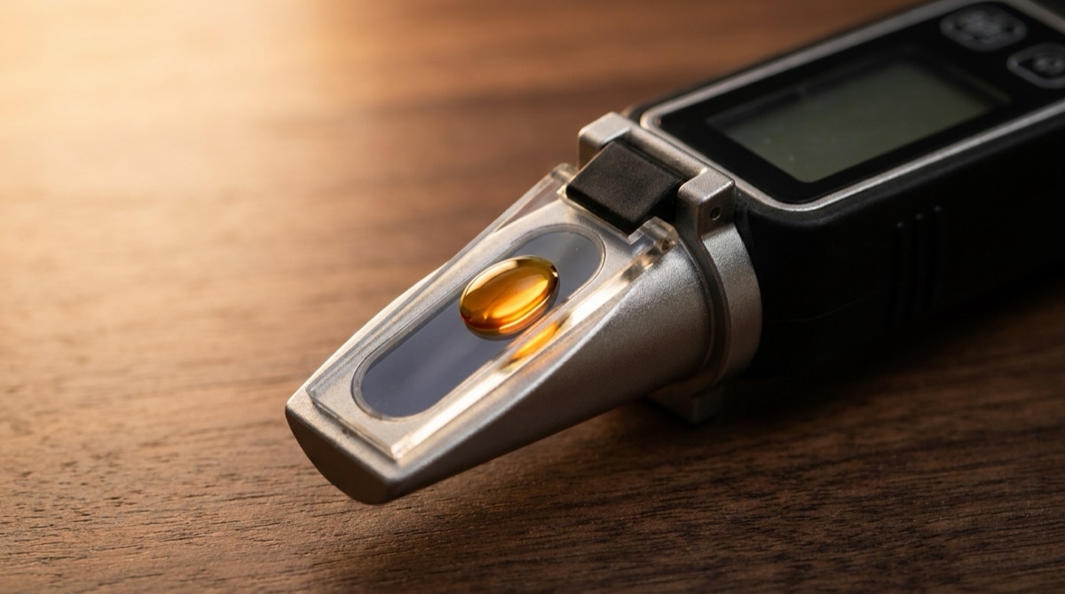 A digital TDS refractometer with a droplet of amber espresso on its prism window.