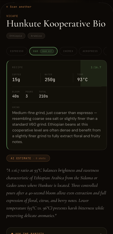 Extraction AI bag scan showing V60 brew recipe for Hunkute Kooperative Bio