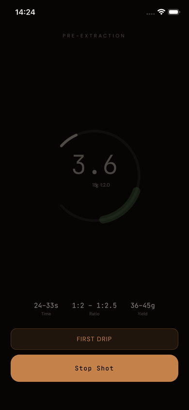 Extraction dial-in timer showing a live espresso shot with arc visualisation and sweet window